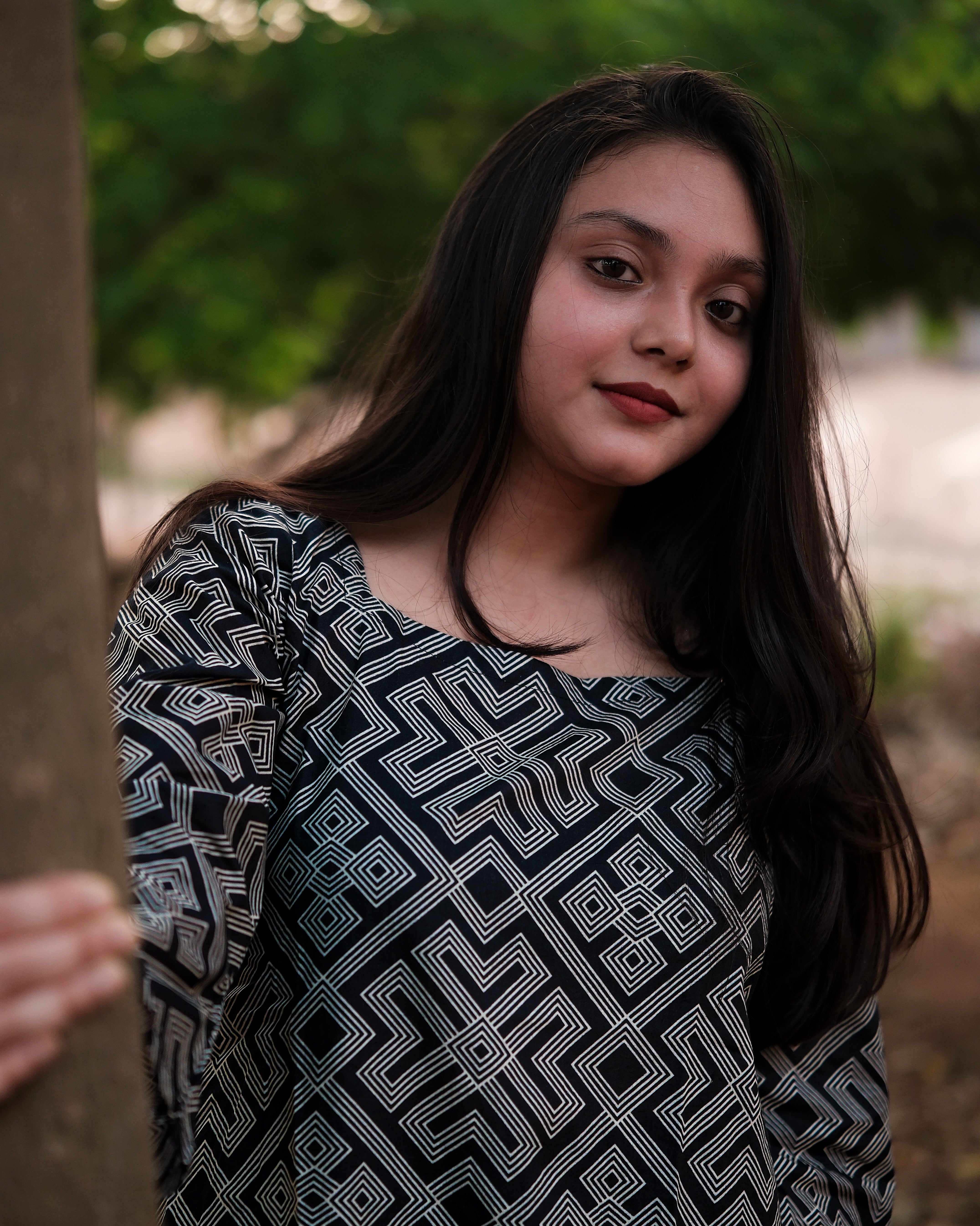 Monochrome Maze Cotton Short Dress - Geometric Handmade Women's Dress