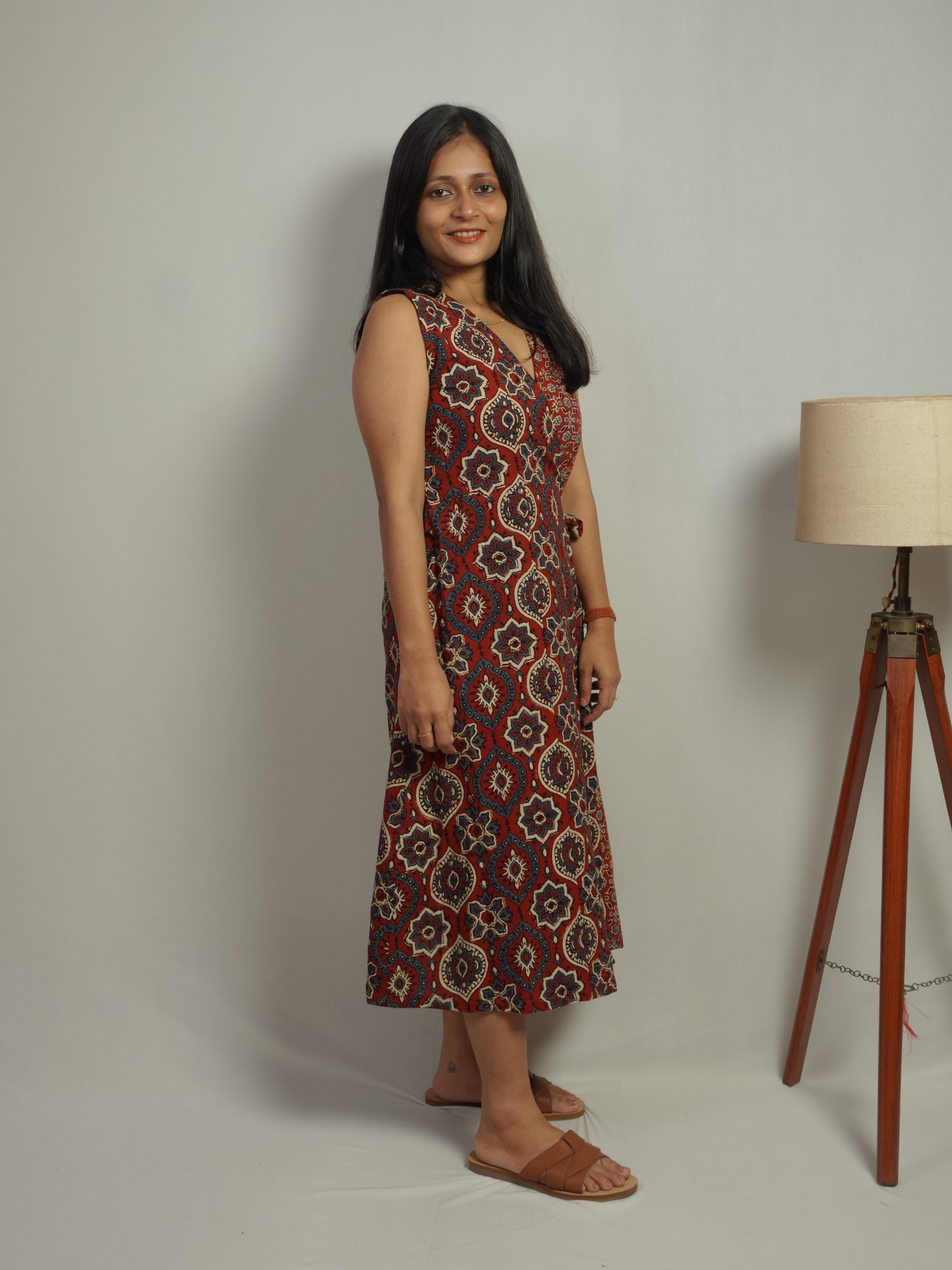 Mehr Cotton Wrap Dress - Warm Tone Handmade Women's Adjustable Dress