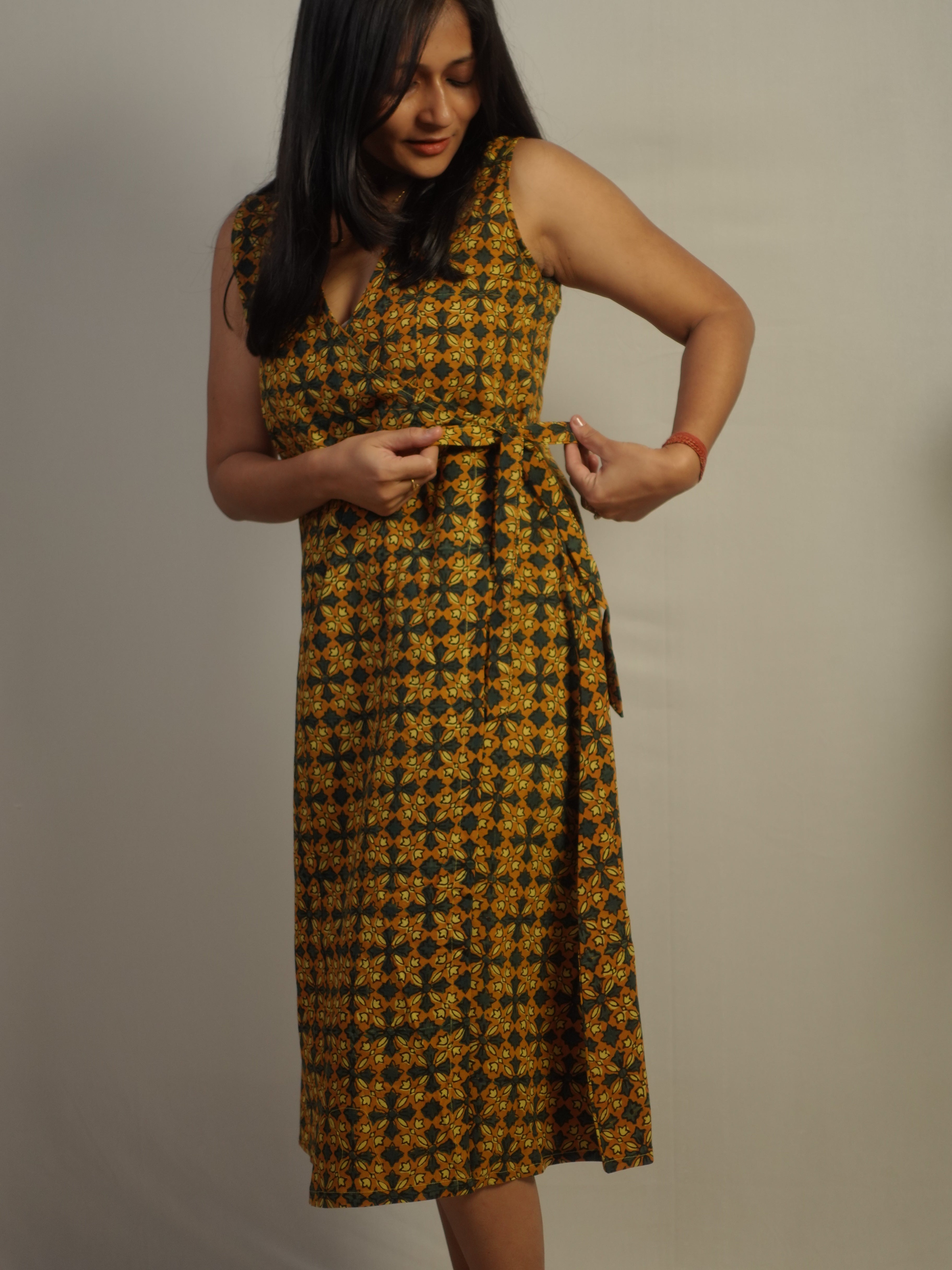 Harini Cotton Ajrakh Wrap Dress - Multicolor Handmade Women's Wrap Dress