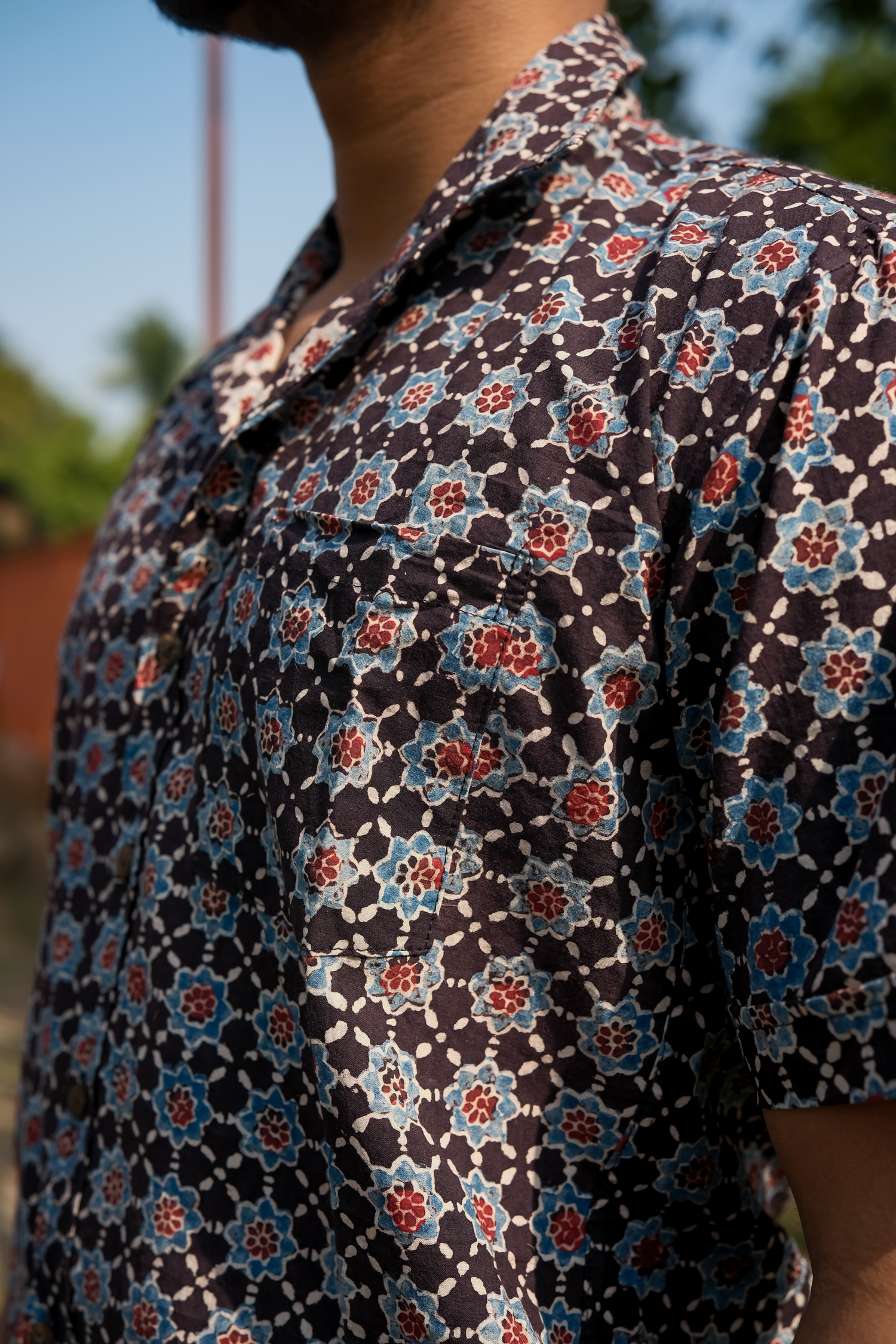 Bahar Ajrakh Cotton Shirt - Multicolor Spring Block Print Handmade Men's Shirt