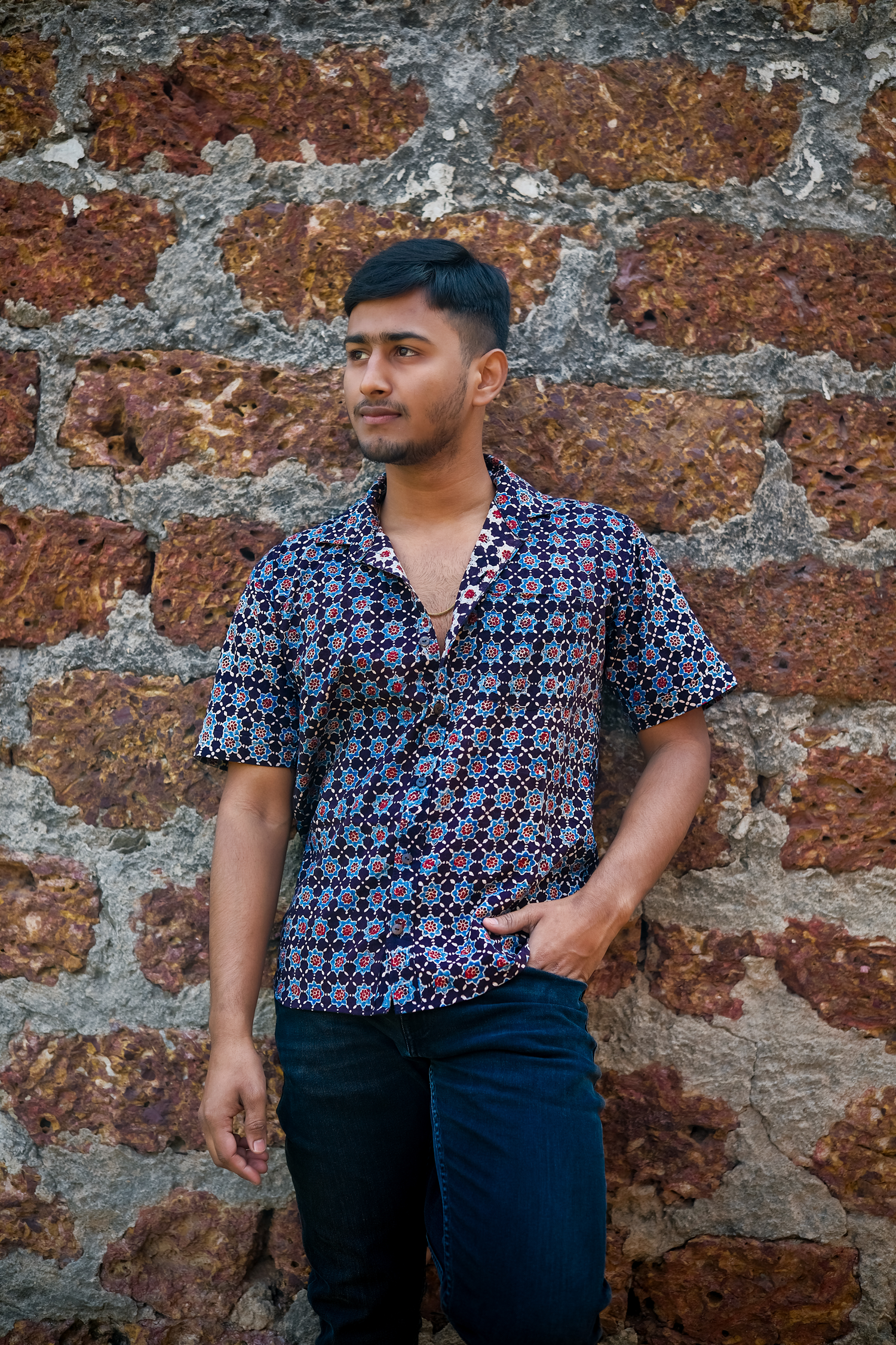 Bahar Ajrakh Cotton Shirt - Multicolor Spring Block Print Handmade Men's Shirt