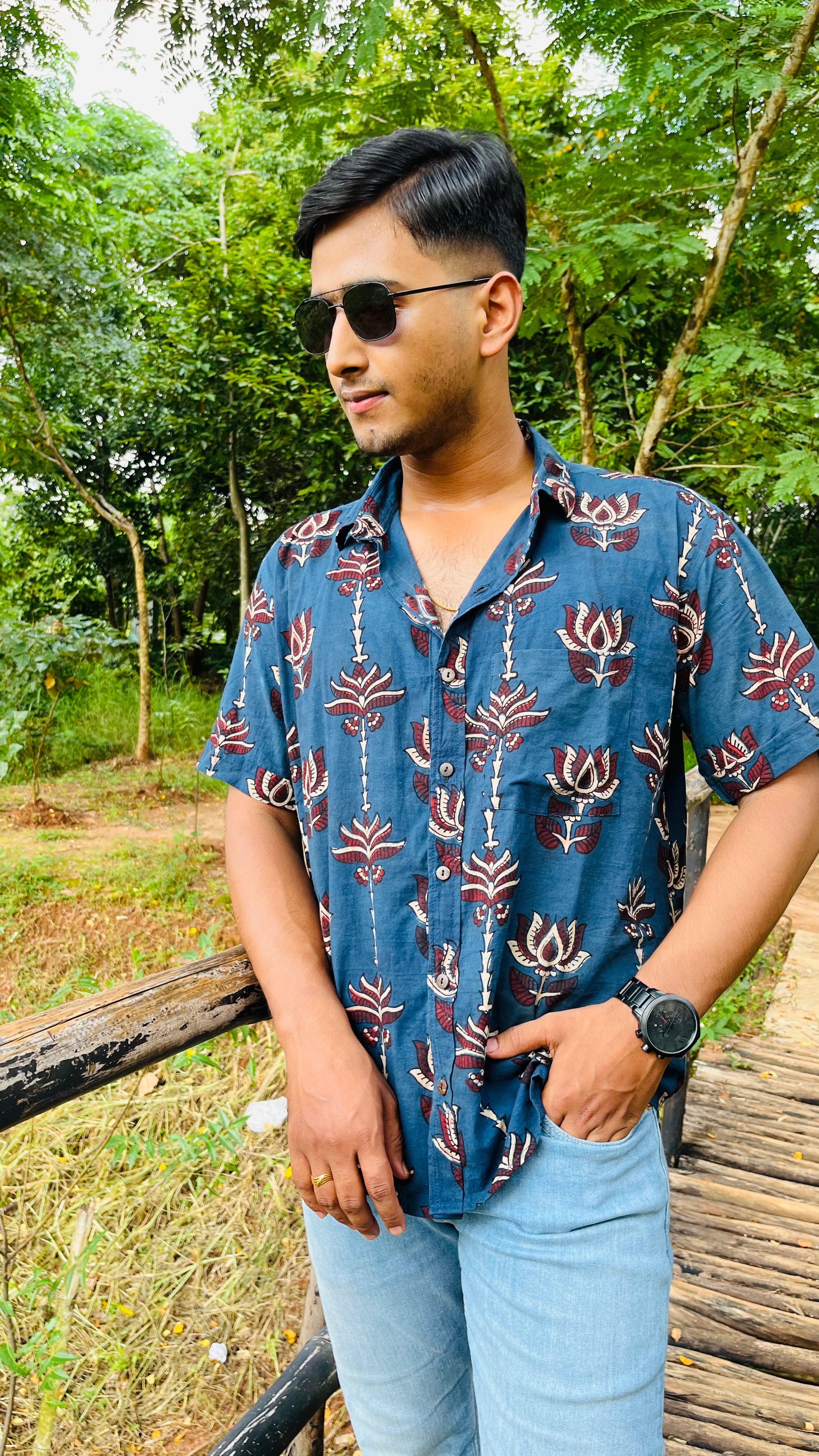 Neel Kamal Ajrakh Cotton Shirt - Indigo Blue Traditional Block Print Men's Shirt