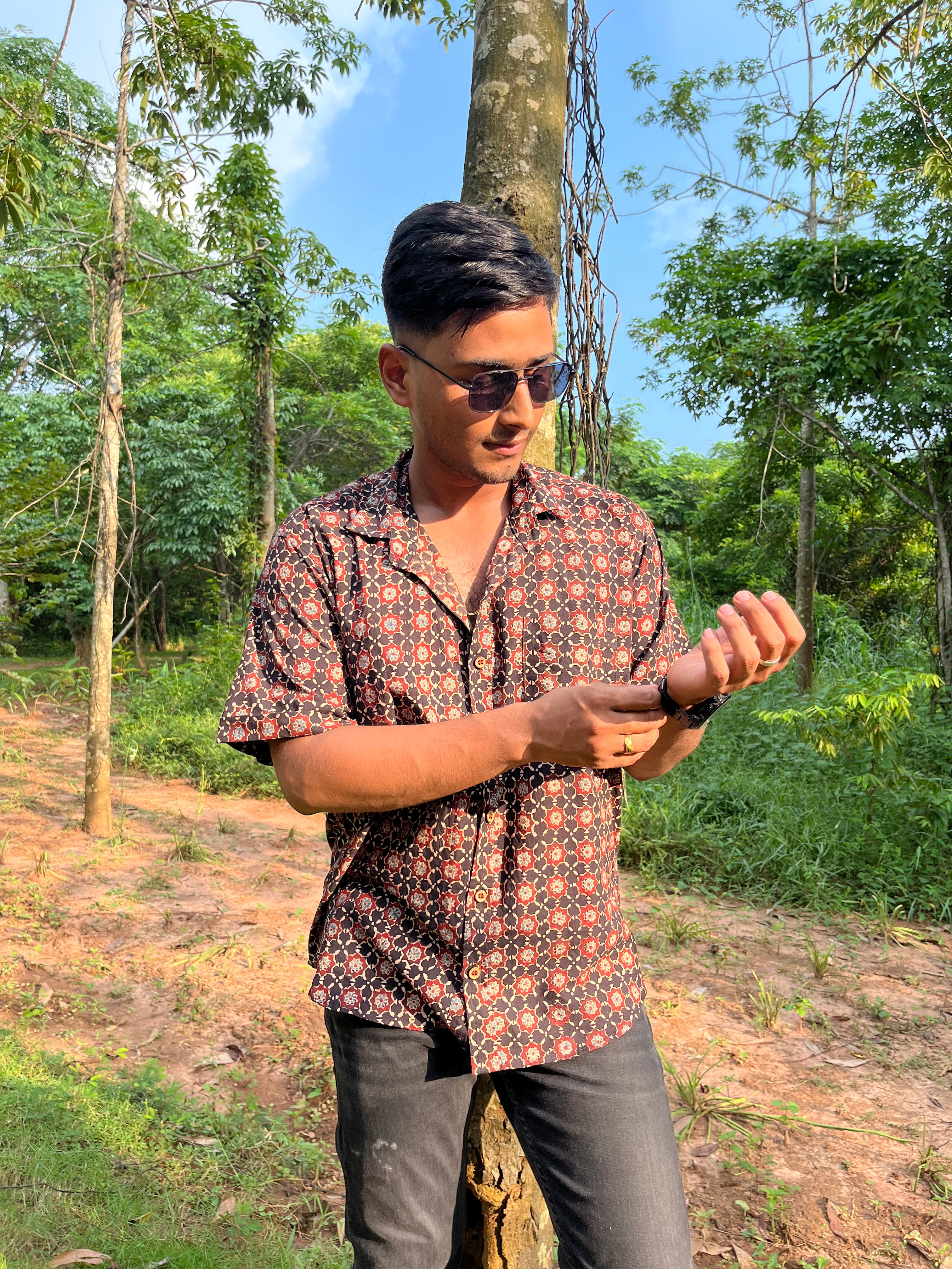 Earthy Ajrakh Cotton Shirt - Rust & Brown Traditional Block Print Men's Shirt