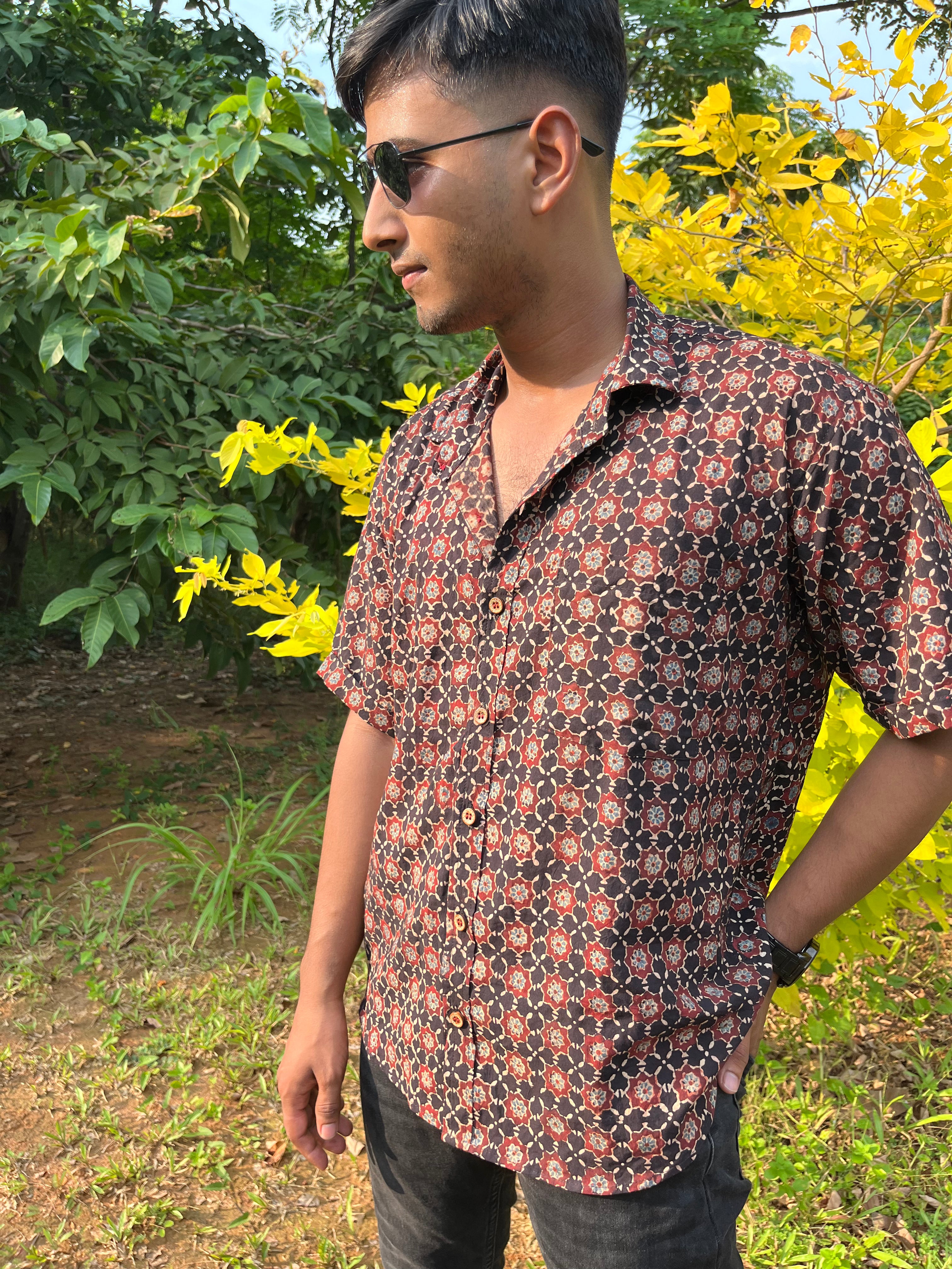 Earthy Ajrakh Cotton Shirt - Rust & Brown Traditional Block Print Men's Shirt