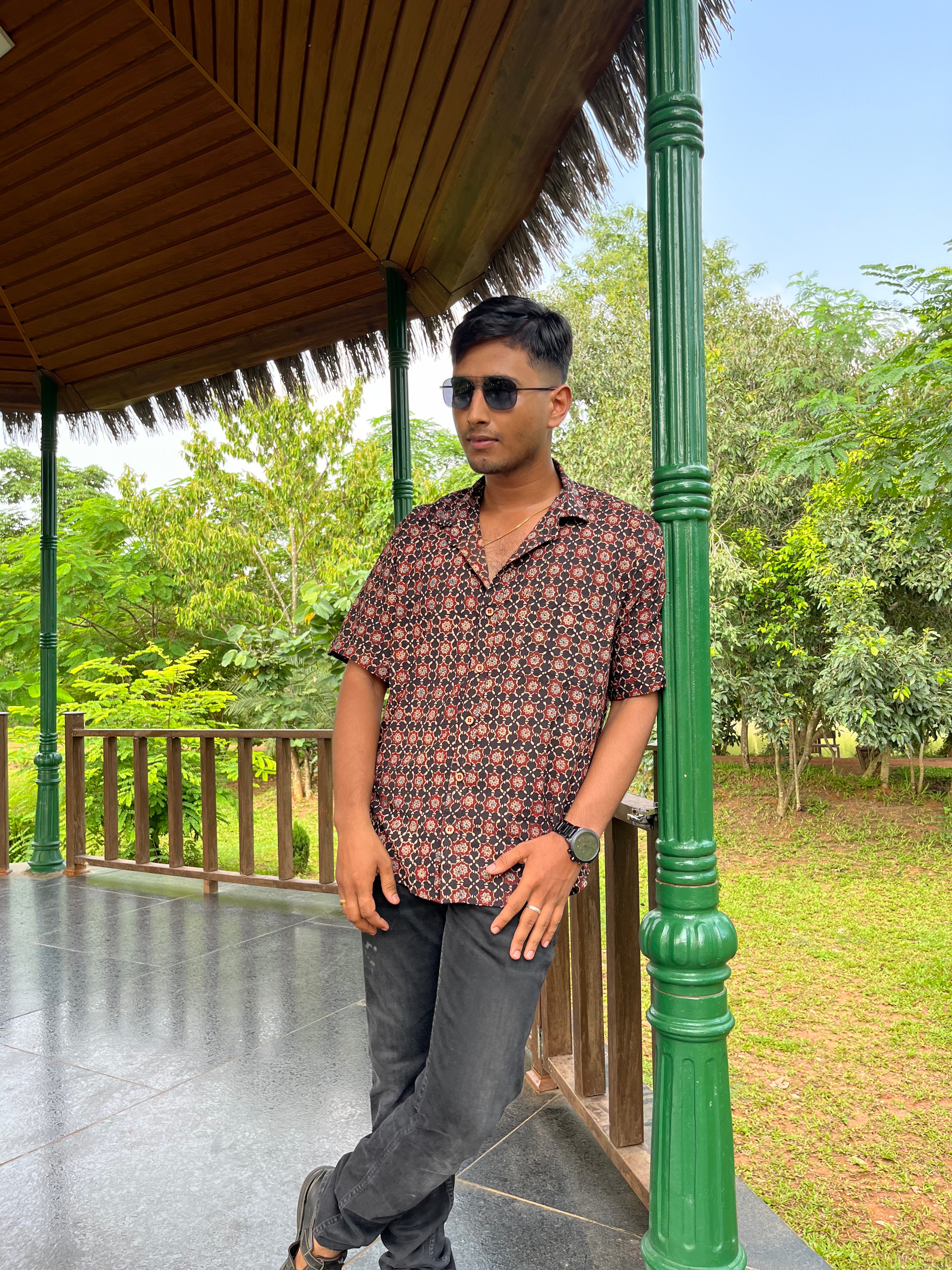 Earthy Ajrakh Cotton Shirt - Rust & Brown Traditional Block Print Men's Shirt