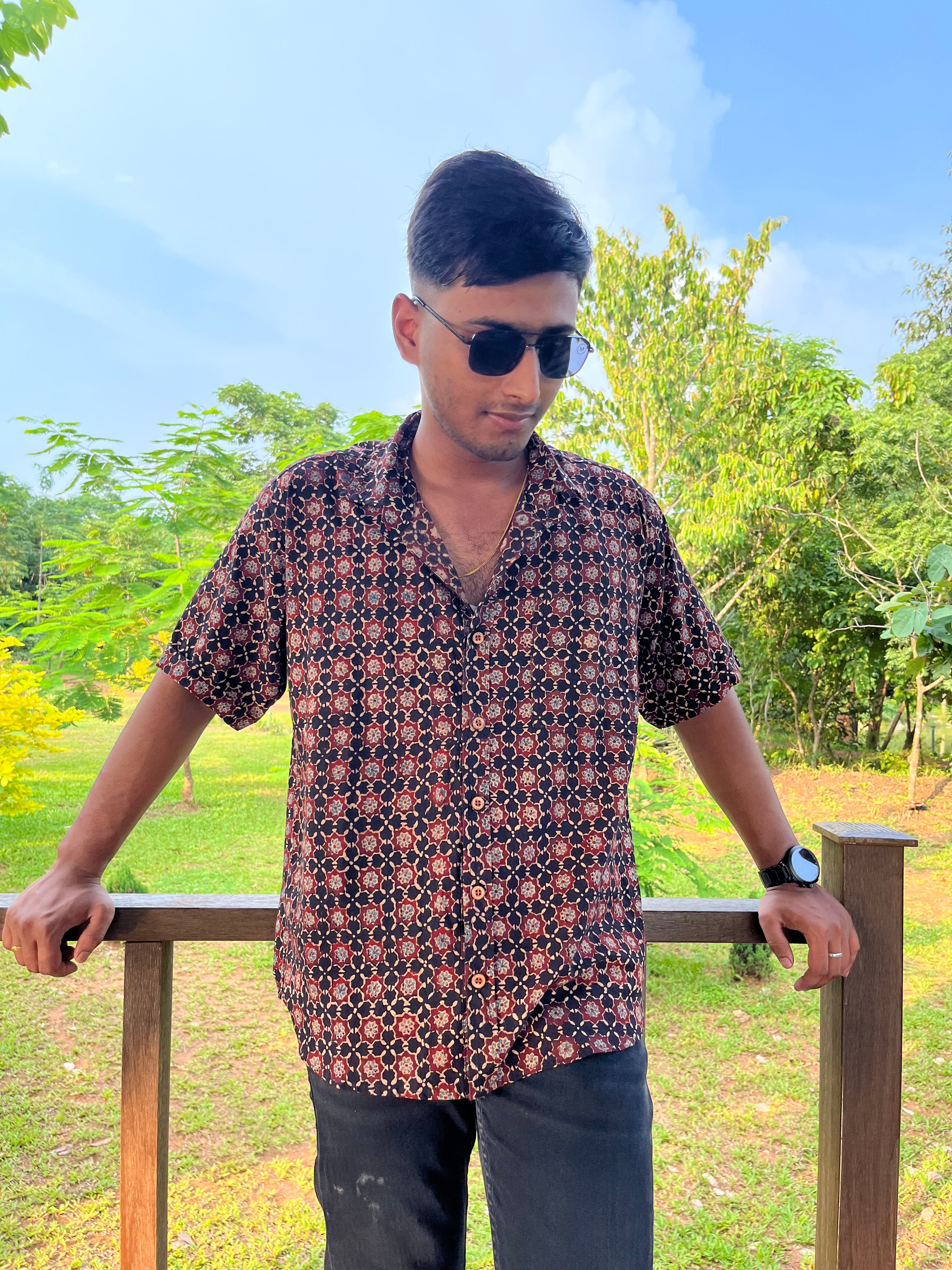 Earthy Ajrakh Cotton Shirt - Rust & Brown Traditional Block Print Men's Shirt