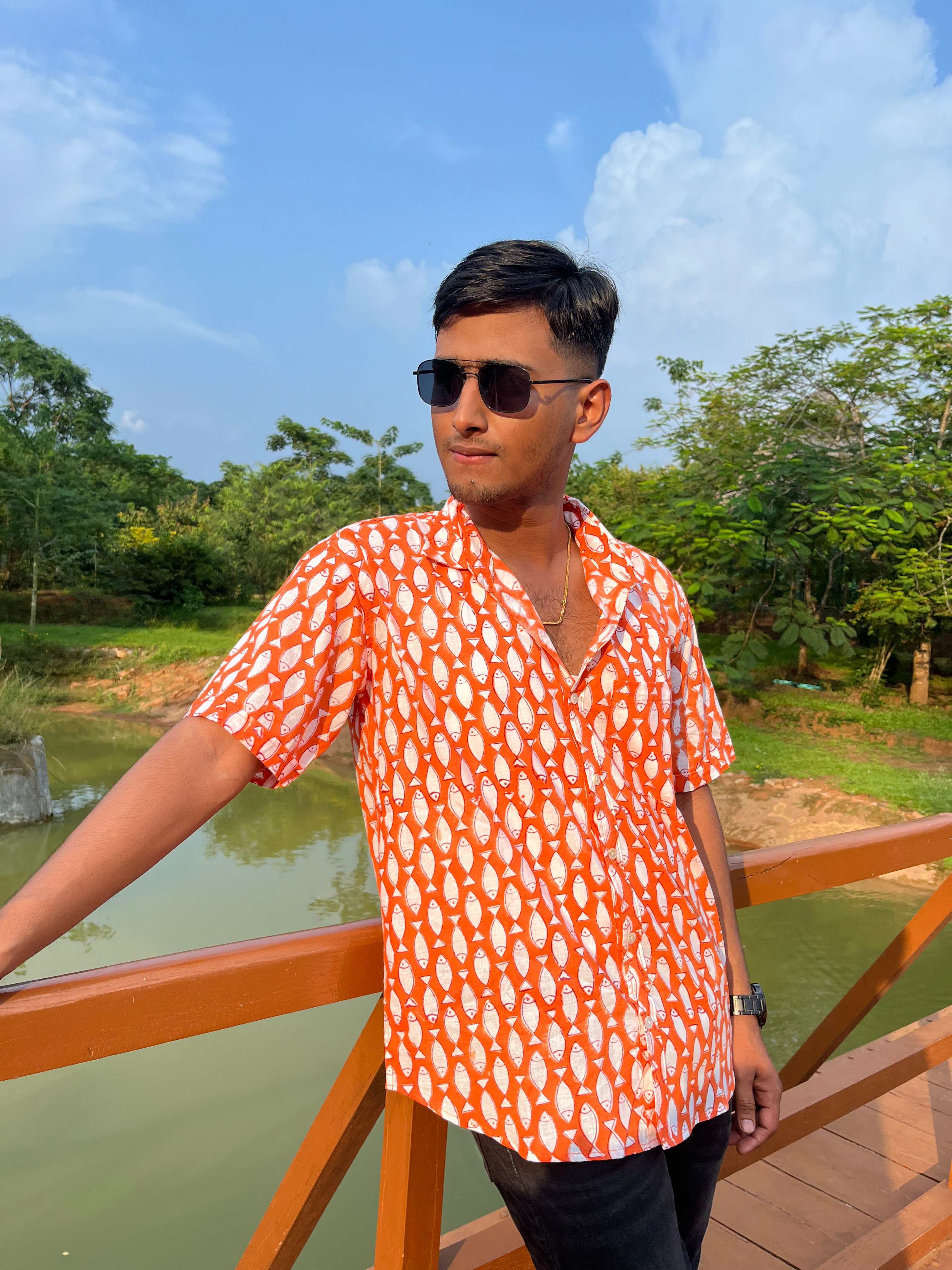 Dusk Shoal Cotton Shirt - Orang Fish Print Handmade Men's Coastal Shirt