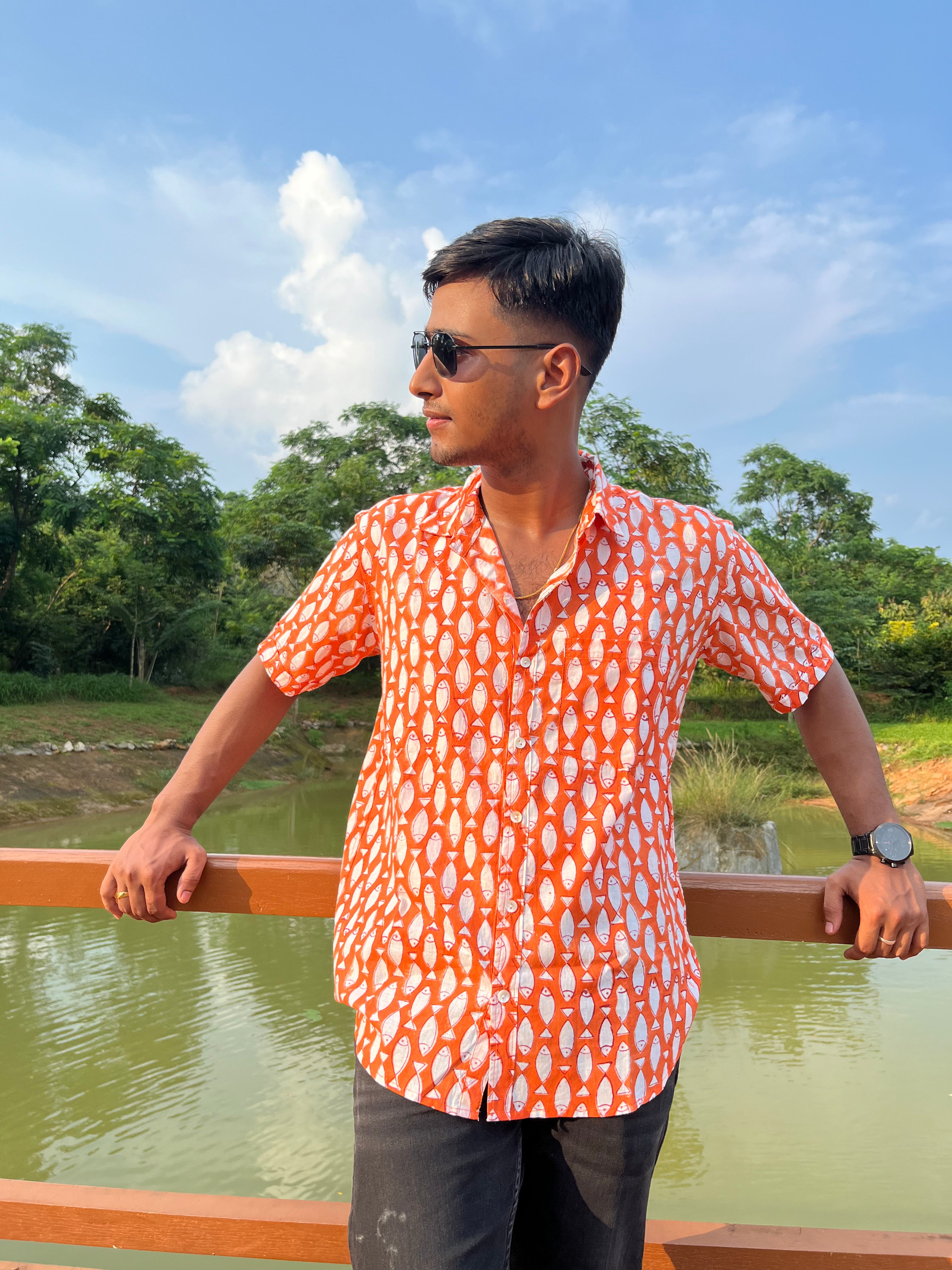 Dusk Shoal Cotton Shirt - Orang Fish Print Handmade Men's Coastal Shirt