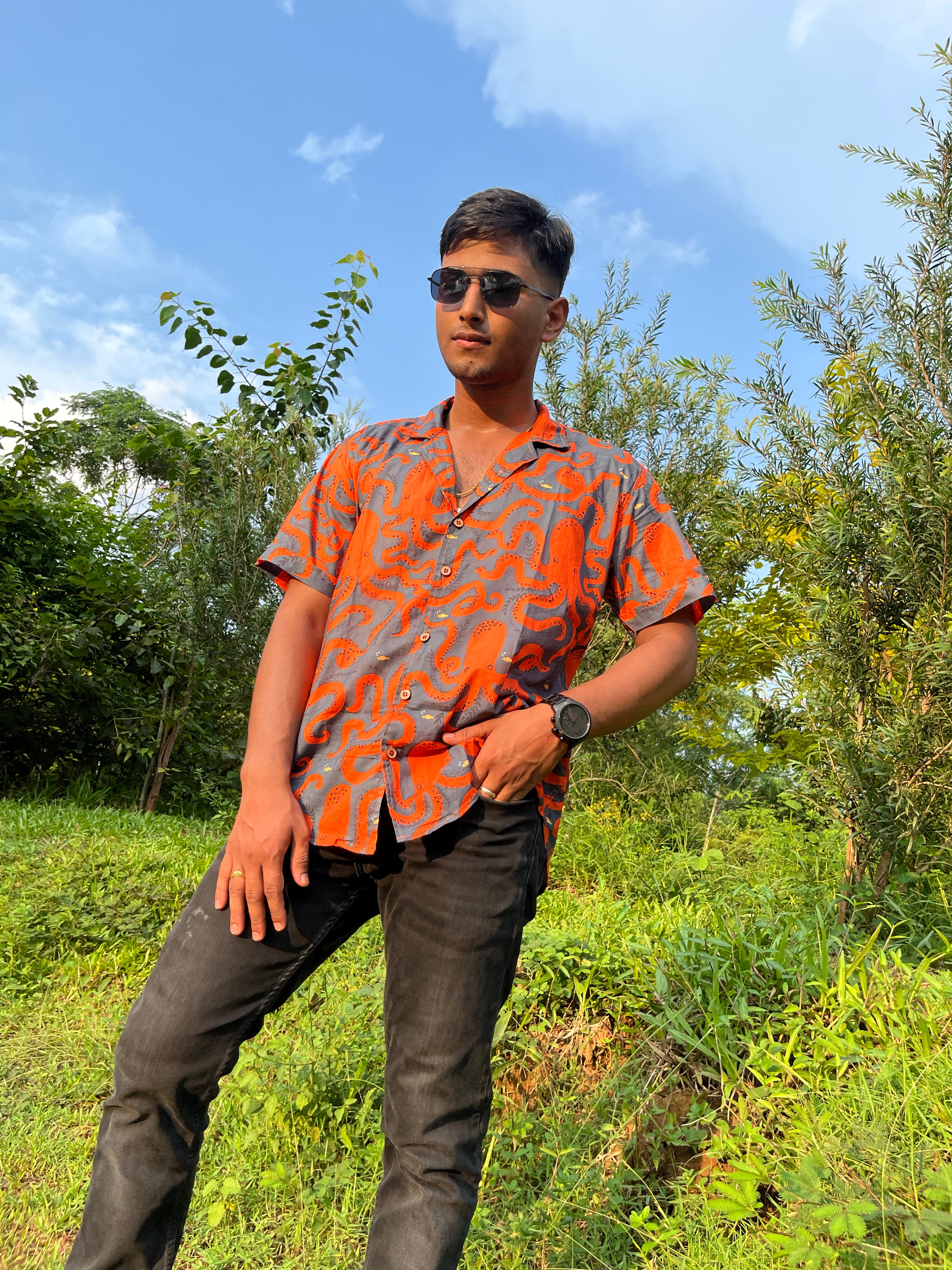 Octopus Print Cotton Shirt - Handmade Men's Shirt