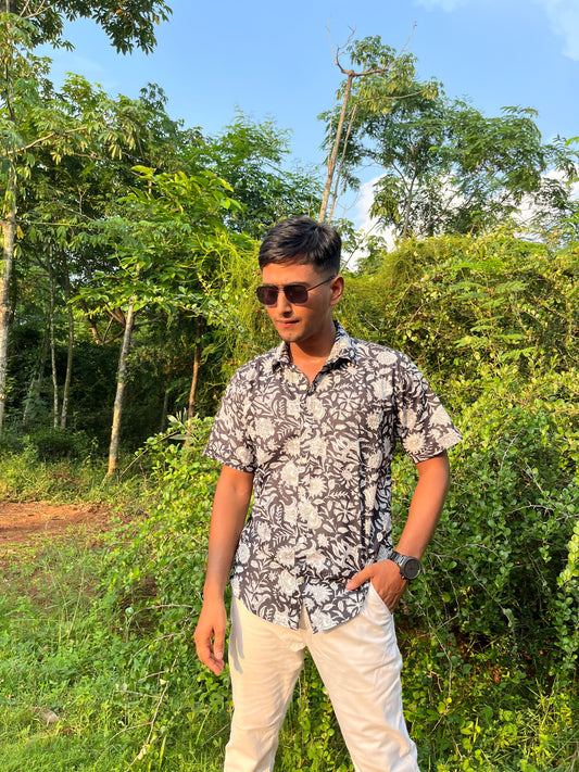 monochrome botanical print shirt