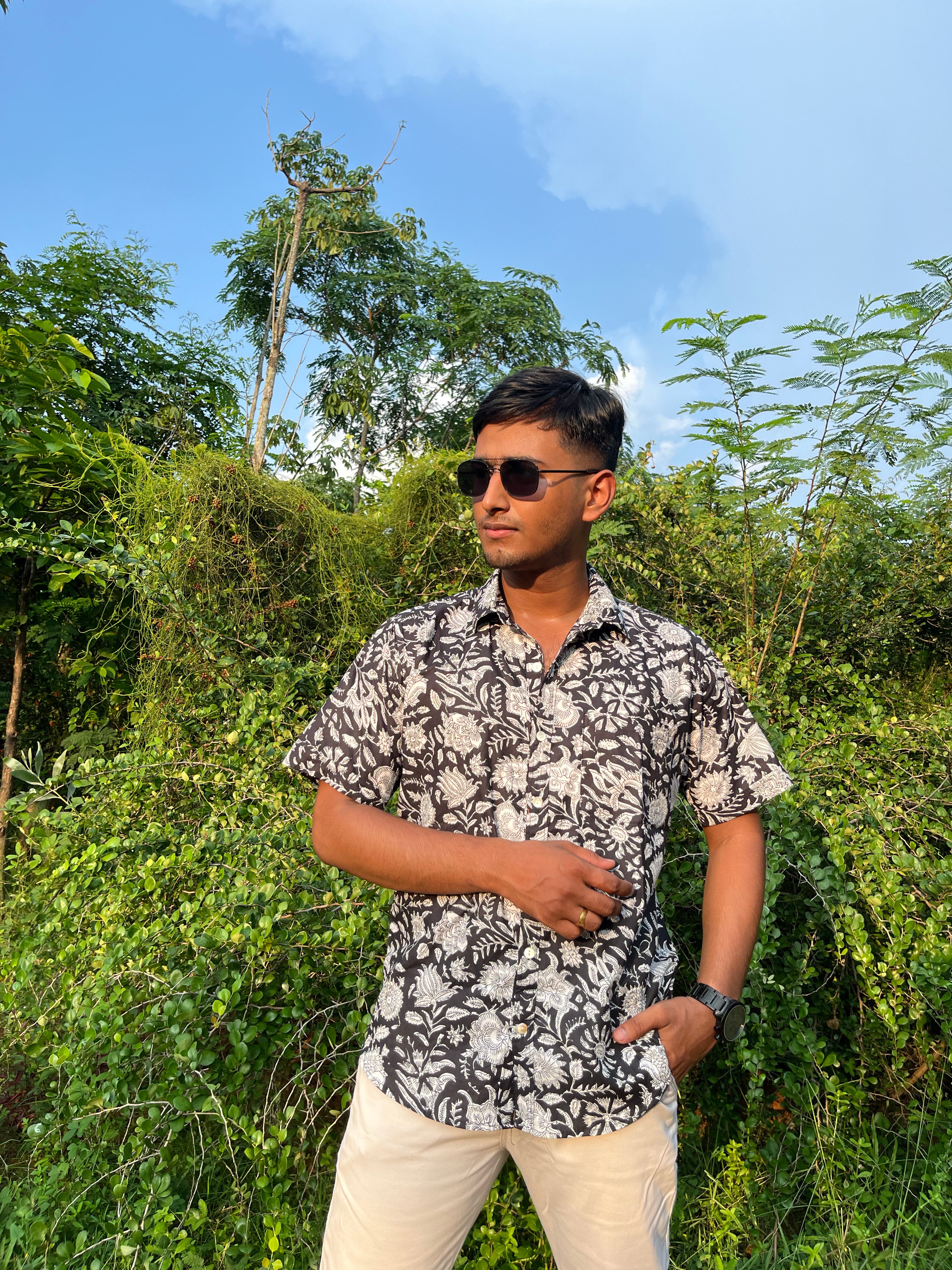 Monochrome Botanical Cotton Shirt - Black & White Print Handmade Men's Shirt